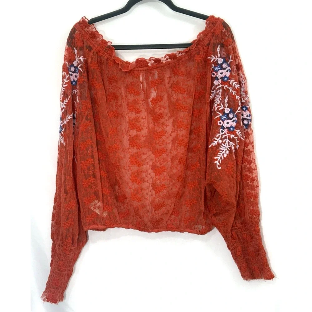 Free People Jubilee Red Sheer‎ Mesh Embroidered Top Blouse Crop Womens Size M